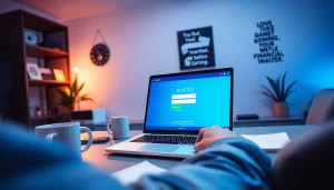 Engaging home office scene with ULAT123 login on laptop screen, conveying trust and innovation.