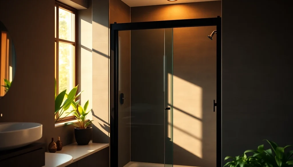 Stylish black shower sliding door enhancing contemporary bathroom design with sleek aesthetics.