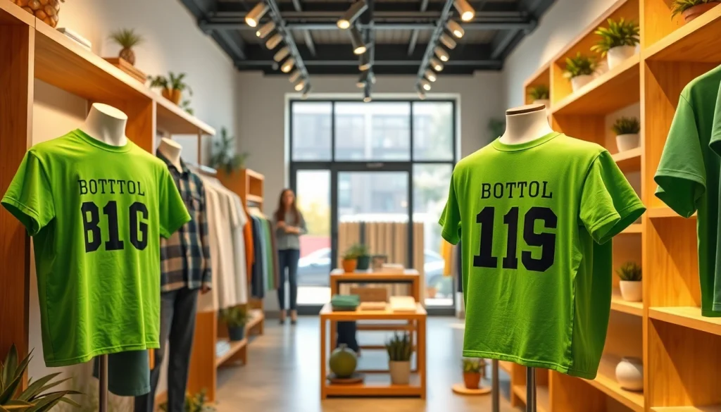 Stylish display of BOTOL169 t-shirts in a trendy boutique, highlighting vibrant green colors and minimalist decor.