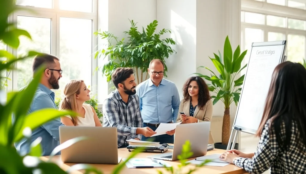 Consulenza marketing in a professional office setting with a consultant and business owners.