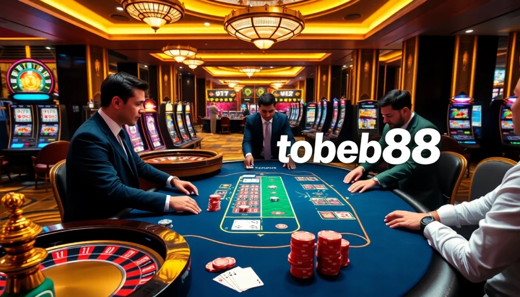 Tobet88 casino scene featuring poker action with players and dealers, vibrant colors, and luxury ambiance.