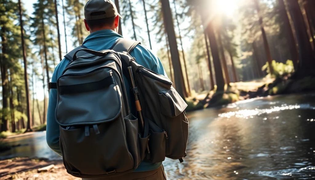 Outdoor enthusiast showcasing a Fly fishing backpack near a serene river.