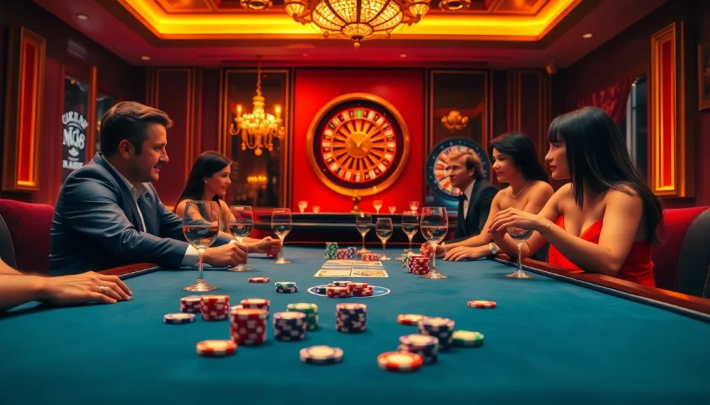 Professional players enjoying poker at NK88 casino with vibrant chips and roulette wheel