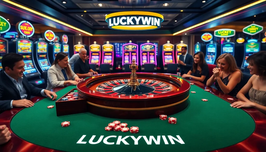 Experience the thrill of LUCKYWIN at a vibrant casino table with roulette and colorful chips.