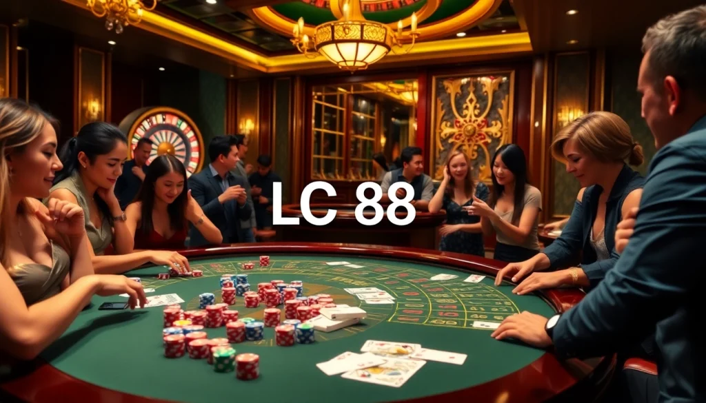 LC 88 players engaging at a vibrant casino table with colorful poker chips.