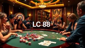LC 88 players engaging at a vibrant casino table with colorful poker chips.