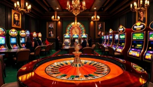 Experience the thrill of rr88.com with an elegant casino scene featuring roulette and slot machines.