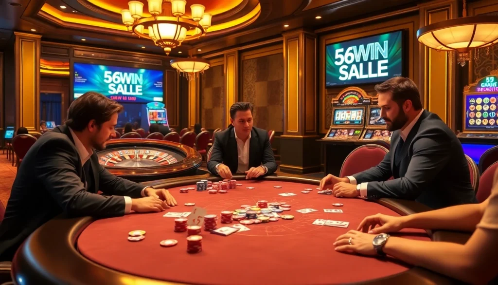 Experience the excitement of 56WIN SALE with professional poker players at a vibrant casino table.