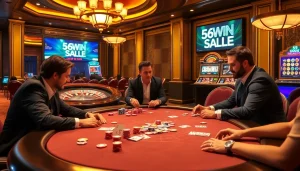 Experience the excitement of 56WIN SALE with professional poker players at a vibrant casino table.