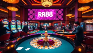 Players enjoying a thrilling game at RR88's vibrant casino with roulette and slot machines.