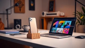 MMOO wooden phone holder enhancing a modern workspace design