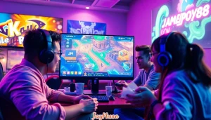 Engaging gaming scene featuring JAMETKUPROY88 with vibrant visuals and enthusiastic players