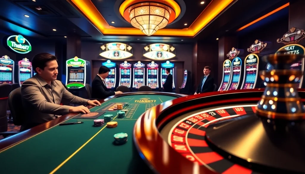 Experience the excitement of betting at Thabet77 with vibrant casino visuals highlighting luxurious gaming.