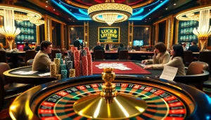 Experience the thrilling game atmosphere of luck8 with stacked poker chips and a spinning roulette wheel.