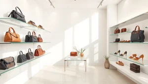 레플리카 고급 가방과 신발을 세련된 매장에서 전시한 모습