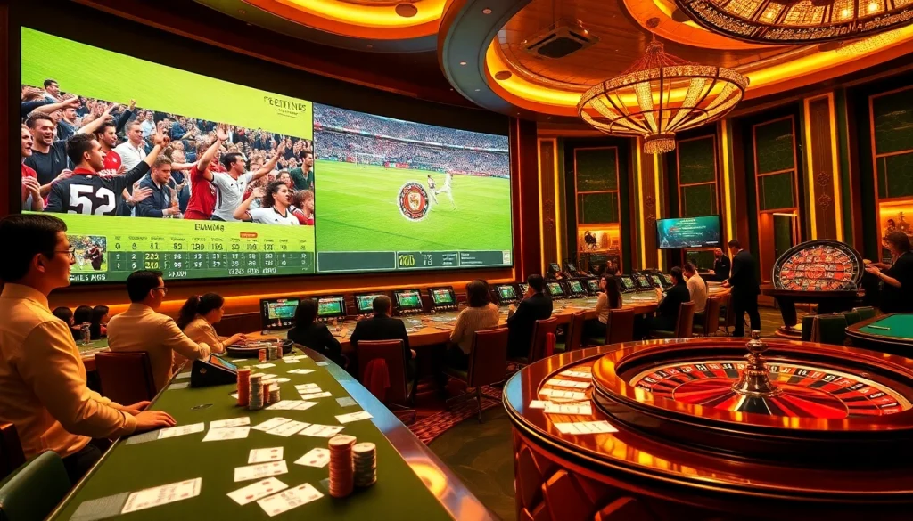 Kèo Bóng Đá betting scene with vibrant casino atmosphere and live sports displays