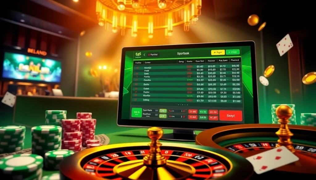 Engaging view of https://uk88.za.com/ sports betting scene with poker chips and a roulette wheel.