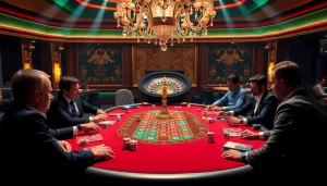 Action-packed RR88 casino scene showcasing players at a vibrant poker table with roulette wheel.