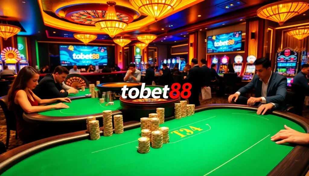 Experience the thrill of gaming at tobet88's luxurious casino with energetic players, poker chips, and roulette.
