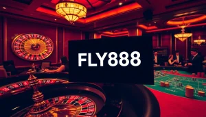 Engaging scene of luxury gambling with FLY88 branding on poker and roulette tables.