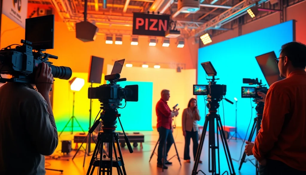 Engaged video production Phoenix team working creatively in a well-equipped studio setting.