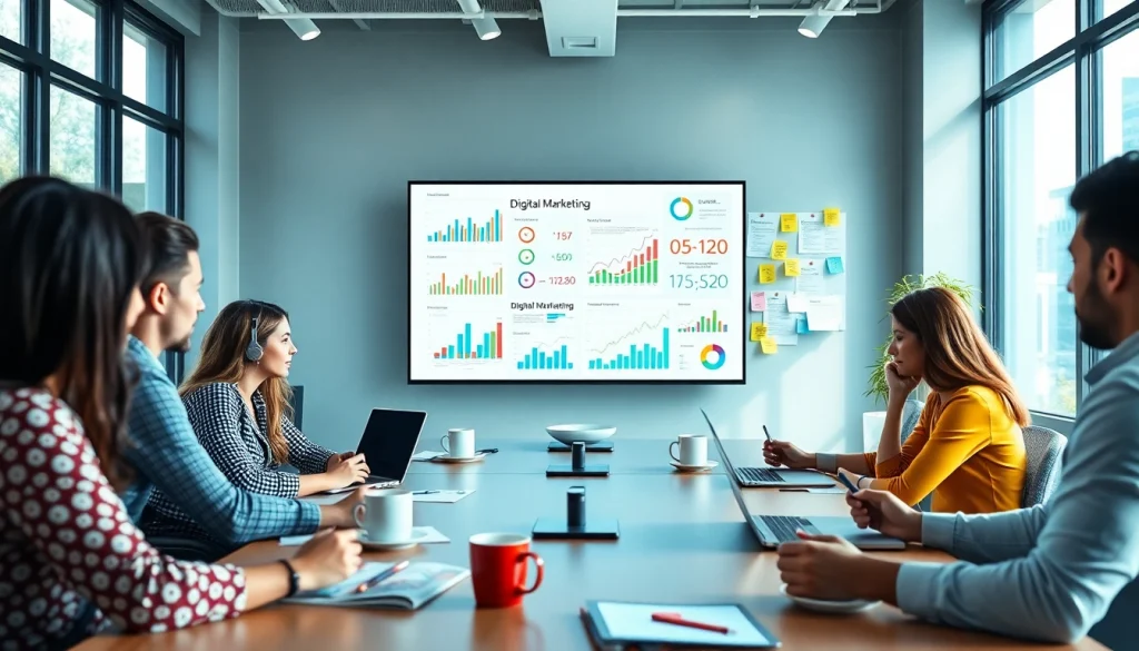 Engaged team strategizing Digital Marketing tactics in a modern workshop setting.