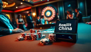 Gamblers eagerly check result china updates at a prestigious casino table featuring vibrant poker chips.