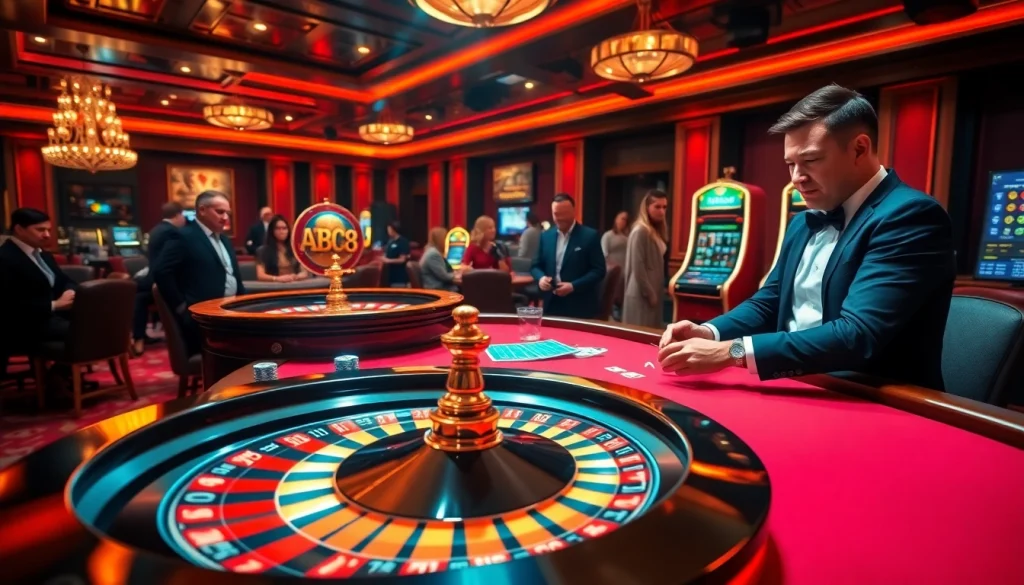 Experience the thrill of ABC8 at an exciting casino scene with players and games.