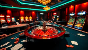 Players enjoying a thrilling game at RR88 casino table, filled with excitement and luxurious atmosphere.