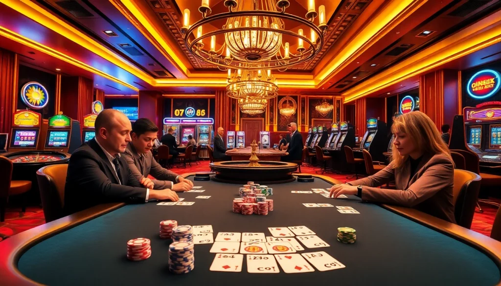 Experience the excitement of ONBET88 with players at a poker table in a lavish casino atmosphere.