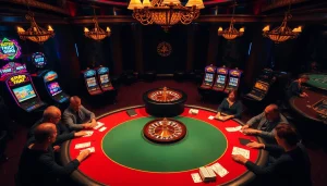 Daga-themed luxurious casino environment highlighting intense poker gameplay and vibrant slot machines.