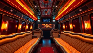 Luxury party bus hire featuring elegant interior with plush seating and ambient lighting.