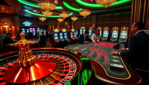 KJC enthusiasts enjoying a vibrant casino scene filled with roulette wheels and slot machines.