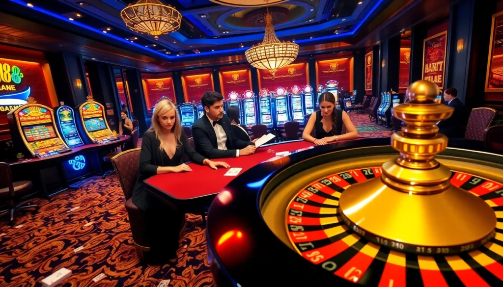 Players engaging in high-stakes gambling at a luxurious casino featuring j88 elements and vibrant decor.