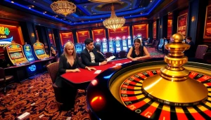 Players engaging in high-stakes gambling at a luxurious casino featuring j88 elements and vibrant decor.