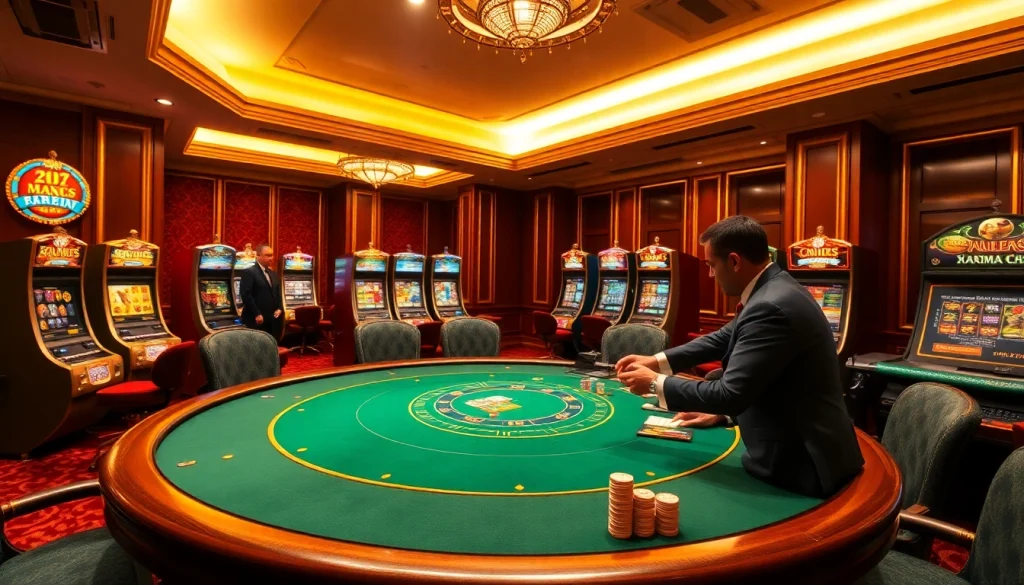 XSMB247 betting excitement at a luxurious casino table with vibrant poker chips and slot machines.