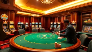 XSMB247 betting excitement at a luxurious casino table with vibrant poker chips and slot machines.