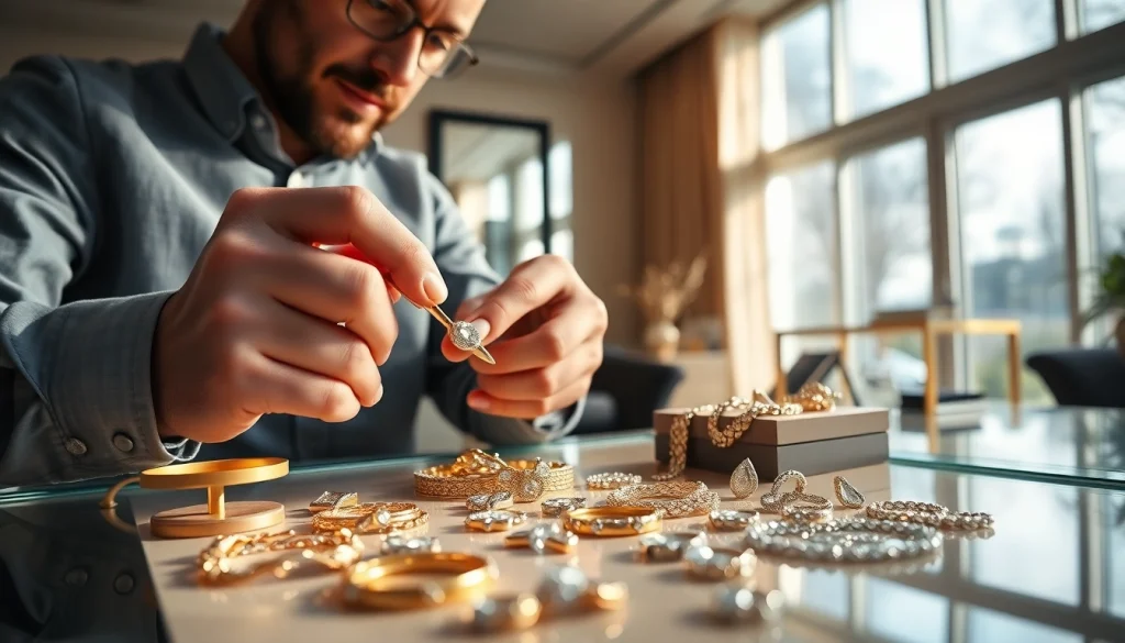 Schmuckankauf: Kunstfertige Bewertung von wertvollem Schmuck in eleganter Umgebung.