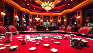 Izbaudiet pasākumu joslu eleganci šajā aizraujošajā kazino ainā ar spēļu galdu.