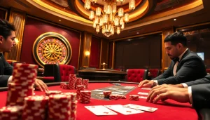 Players engage in a thrilling game at gg88's luxurious casino table filled with poker chips and cards.