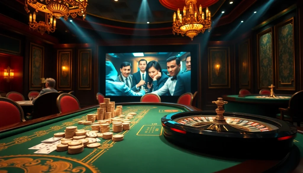 Experience the thrill of "rebahin film" in a luxurious casino setting with poker chips and roulette tables.