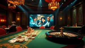 Experience the thrill of "rebahin film" in a luxurious casino setting with poker chips and roulette tables.