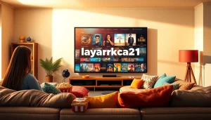 Vibrant living room scene featuring layarkaca21 streaming interface with movie posters and cozy decor.