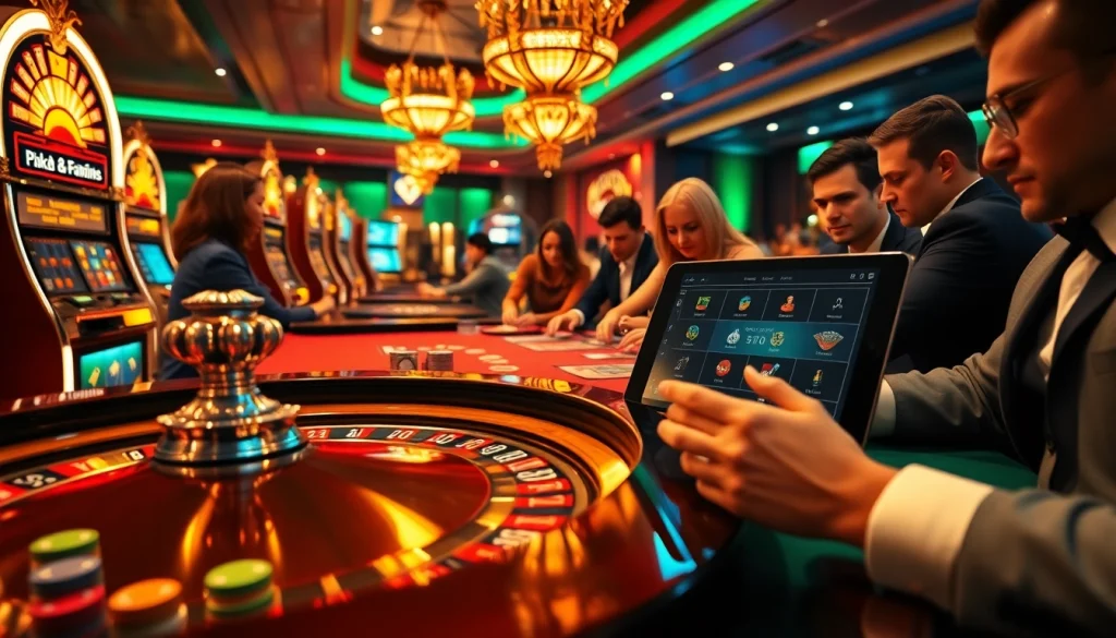 Experience thrilling gameplay at https://789pa.in.net/ featuring a vibrant casino scene with roulette and exciting slot machines.