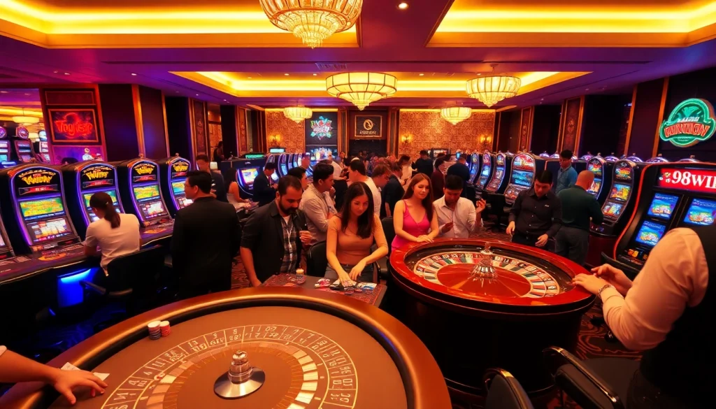 Scene of players enjoying games at 98WIN casino with vibrant atmosphere.