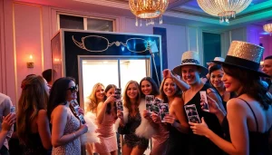 Excited guests enjoying a Las Vegas Photo Booth Rental at a glamorous event.