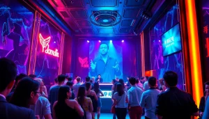 一个热闹的上海夜店场景，突出网红黑料文化的本质，霓虹灯璀璨，时尚的顾客云集。