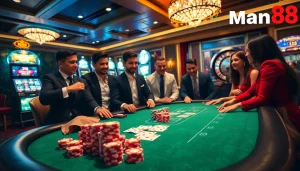 Man88 players enjoying a thrilling poker game in a luxurious casino setting