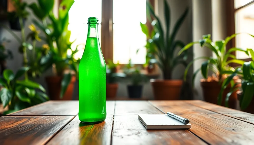 Refreshing green bottle (BOTOL169) on a rustic table surrounded by plants.