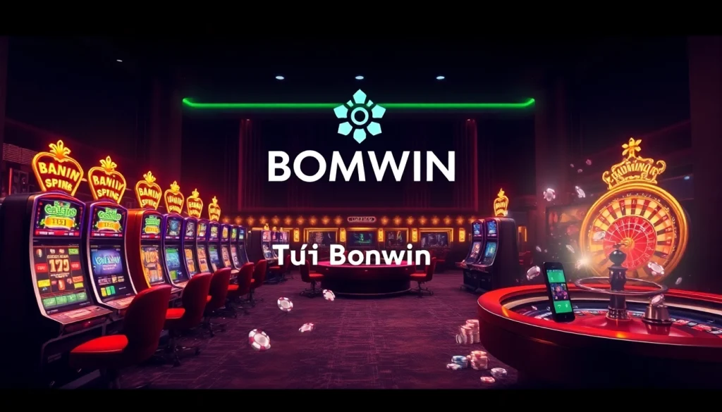 Tải Bomwin app showcased with casino games, promoting an exciting online gaming experience.
